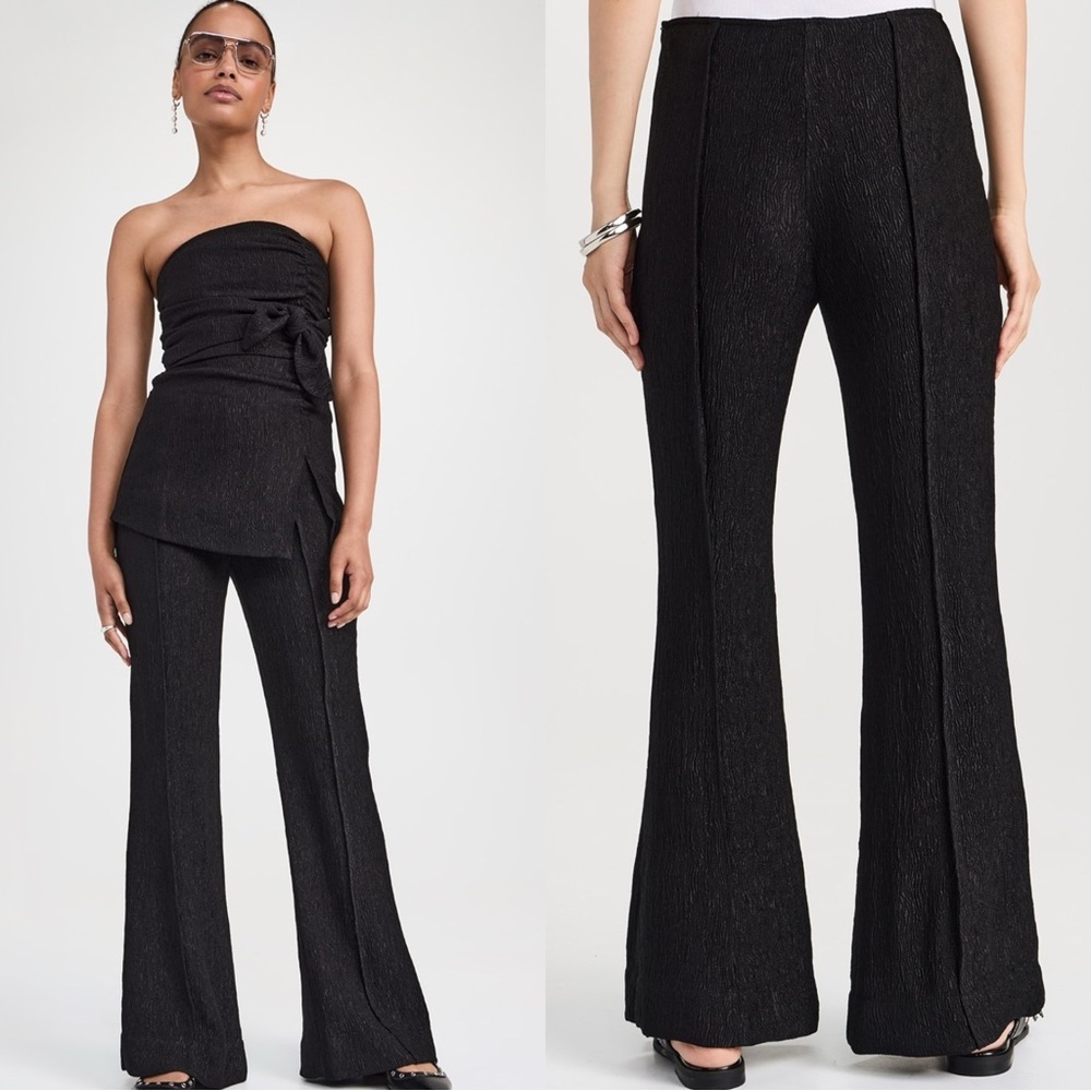 GANNI Viscose Stretch Crepe Black Pleated Flare Textured Pants Trousers